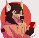  absurd_res anthro beanie canid canine canis clothing depictionexpress flower happy_expression hat headgear headwear hi_res hoodie male mammal phone plant red_eyes rose_(flower) simple_background solo solo_focus topwear wolf 