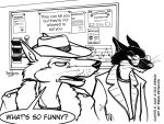 2000 anthro black_and_white black_body black_fur brian_reynolds bulletin_board canid canine canis clothing coat custer_winston dialogue duo english_text eyewear fur glasses grin gulonine hat headgear headwear humor jack_salem joke looking_at_another male mammal marten monochrome mustelid musteline open_mouth prank question red_wolf sable_(marten) signature smile smirk speech_bubble teeth text topwear whiskers wolf 