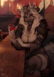  2023 anthro beverage biped breasts canid canine claws cleavage clothed clothing digital_media_(artwork) facial_piercing female finger_claws fishnet fishnet_clothing fishnet_legwear fishnet_topwear hi_res holding_beverage holding_object honovy horn inside legwear looking_at_viewer mammal nose_piercing nose_ring piercing ring_piercing sitting solo topwear 