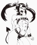  1girl abs angry bare_shoulders belt belt_bra black_hair breasts chain collar cuffs demon_girl demon_horns demon_tail handcuffs highres horns long_hair monochrome muscular muscular_female navel open_mouth original pointy_ears sharp_teeth simple_background small_breasts solo tail teeth thighs twintails websake white_background 