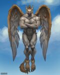  absurd_res anthro avian aviary_(species) beak buckovskiart cloud cloudscape fantasy feathered_wings feathers floating flying gryphon hi_res hybrid male male/male muscular mythological_avian mythology sky solo spread_wings weretober wings 