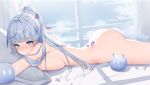  1girl ass blue_eyes blunt_bangs blush breast_press breasts cloud completely_nude falling_petals from_side genshin_impact hair_ribbon high_ponytail highres huge_ass kamisato_ayaka large_breasts long_hair looking_at_viewer looking_to_the_side lying ningri_(lianyungangwyz) nude on_stomach parted_lips petals ribbon sidelocks slime_(genshin_impact) tress_ribbon white_hair window 