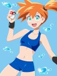  1girl :d blue_background breasts commentary_request highres holding holding_poke_ball kuroi_ohagi looking_at_viewer misty_(pokemon) navel open_mouth orange_hair poke_ball poke_ball_(basic) pokemon pokemon_(anime) pokemon_(classic_anime) short_hair shorts side_ponytail smile solo swimsuit 