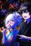  1boy 1girl absurdres accelerator_(toaru_majutsu_no_index) albino ambiguous_gender androgynous arm_at_side black_choker black_hair black_kimono blue_eyes blue_kimono blurry blurry_background blush candy_apple choker eating electrodes fingernails fireworks flat_chest floral_print flower food food_in_mouth fox_mask grass hair_flower hair_ornament hair_scrunchie hand_up highres holding holding_food japanese_clothes kamijou_touma kimono lily_(flower) long_sleeves looking_at_another looking_at_object mask night open_mouth pale_skin portrait print_kimono print_obi red_eyes scrunchie short_hair sidelocks smile spiked_hair standing summer_festival suzushina_yuriko teeth toaru_majutsu_no_index trebas upper_teeth_only white_hair 