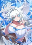  1girl absurdres animal_ear_fluff animal_ears armored_boots bare_shoulders blue_bow blue_eyes blue_ribbon blue_sky blue_thighhighs blush boots bow breasts cat_ears cat_girl cat_tail cleavage club_(weapon) detached_collar detached_sleeves dobrynya_nikitich_(fate) dragon dress fate/grand_order fate_(series) fur_trim hair_bow hairband highres knee_boots large_breasts long_hair looking_at_viewer low_ponytail ribbon riding sky smile solo tail thighhighs thighs toyosu weapon white_dress white_hair 