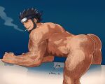  1boy abs absurdres all_fours alternate_body_hair arm_hair ass ass_hair back bara beard black_hair cheekbones chest_hair cigarette commission completely_nude facial_hair feet_out_of_frame forearms forehead_protector from_side hair_slicked_back hairy highres konohagakure_symbol leg_hair loboke looking_at_viewer male_focus mature_male muscular muscular_male naruto_(series) naruto_shippuuden navel navel_hair nude pectorals presenting sarutobi_asuma second-party_source seductive_smile short_hair signature smile smirk smoke_trail smoking solo stomach strongman_waist thick_eyebrows thick_thighs thighs triceps 