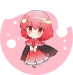  1girl black_cape bow bowtie cape capelet chibi commentary dress full_body looking_at_viewer okazaki_yumemi open_mouth red_background red_bow red_bowtie red_capelet red_dress red_eyes red_footwear red_hair short_hair teruteru12 touhou touhou_(pc-98) 