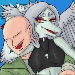  1:1 2023 amber_eyes anon_(snoot_game) anthro bald blue_background bracelet breasts clothing crop_top davidga12rg digital_drawing_(artwork) digital_media_(artwork) dinosaur duo elbow_feathers embrace eyelashes eyeliner fang_(gvh) feathered_wings feathers female goodbye_volcano_high grey_body grey_scales hair halter_top hi_res hug human jacket jewelry light-skinned_male light_body light_skin long_hair makeup male male/female mammal midriff navel necklace open_mouth pterodactylus pterosaur reptile scales scalie shirt silver_hair simple_background smile snoot_game_(fan_game) snout teeth tongue topwear wings 
