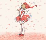  1girl bow brown_hair cardcaptor_sakura commentary dress feathered_wings frilled_skirt frills from_side full_body fuuin_no_tsue gloves holding holding_wand kinomoto_sakura magical_girl petals puffy_short_sleeves puffy_sleeves red_bow red_dress red_footwear red_headwear sheep66 shoes short_hair short_sleeves skirt solo standing symbol-only_commentary wand white_gloves white_wings wings 