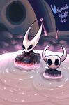  absurd_res anthro areola areola_slip arthropod big_breasts black_body black_eyes blue_areola blush blush_lines breasts duo empty_eyes eyelashes female hi_res hollow_knight hornet_(hollow_knight) hot_spring huge_breasts insect male red_towel team_cherry the_knight_(hollow_knight) towel towel_on_head veilzebub water white_body 