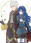  1boy 1girl ameno_(a_meno0) armor black_gloves black_robe black_sweater blue_cape blue_eyes blue_gloves blue_hair blush brown_eyes cape closed_mouth commentary_request fingerless_gloves fire_emblem fire_emblem_awakening gloves grey_hair grey_shirt hair_between_eyes hood hood_down hooded_robe leaf long_hair long_sleeves looking_at_another lucina_(fire_emblem) pants pauldrons red_cape robe robin_(fire_emblem) robin_(male)_(fire_emblem) shirt short_hair shoulder_armor simple_background smile sweater tiara turtleneck turtleneck_sweater two-tone_cape white_background wind 
