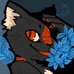  anthro domestic_cat felid feline felis fluffy_ears headshot_portrait looking_at_viewer low_res male mammal orange_eyes plant portrait pupils slit_pupils smile solo tortoiseshell_cat varlus vines 