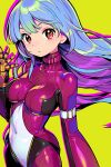  1girl blue_hair bodysuit breasts closed_mouth kula_diamond long_hair looking_at_viewer medium_breasts multicolored_hair onono_imoko purple_bodysuit purple_hair red_eyes simple_background solo the_king_of_fighters two-tone_hair yellow_background zipper 