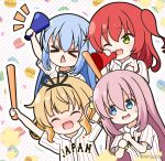  &gt;_&lt; 4girls :d ;d ^_^ arms_up blonde_hair blue_eyes blue_hair blush bocchi_the_rock! chestnut_mouth closed_eyes commentary_request crossover gochuumon_wa_usagi_desu_ka? gotou_hitori green_eyes hair_between_eyes holding kafuu_chino kirima_syaro kita_ikuyo long_hair matching_outfit megaphone mitya multiple_girls notice_lines one_eye_closed one_side_up outline pink_hair polka_dot polka_dot_background red_hair shirt short_sleeves simple_background smile striped striped_shirt vertical-striped_shirt vertical_stripes very_long_hair white_background white_outline white_shirt 