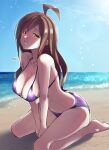  1girl ahoge backlighting bare_arms barefoot between_legs bikini blue_sky blush breasts brown_eyes brown_hair cleavage clenched_teeth collarbone colored_eyelashes commentary curvy day eyelashes from_side hand_between_legs highres knees_out_of_frame kono_subarashii_sekai_ni_shukufuku_wo! large_breasts leaning_forward long_hair looking_at_viewer mature_female mole navel nose_blush noyama_takenoko ocean outdoors parted_bangs purple_bikini sidelocks sitting sky solo swimsuit teeth thighs v_arms wariza wiz_(konosuba) 