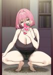  1girl akane_(sky-freedom) bare_arms bare_shoulders barefoot black_shirt breasts cellphone cleavage collarbone feet full_body highres holding holding_phone joshi_kousei_rich_thots large_breasts looking_at_viewer phone pink_eyes pink_hair shirt sky-freedom sleeveless smartphone solo squatting thighs toes 