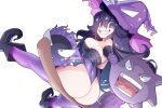  1girl @_@ artist_name ass back breasts broom broom_riding gloves hair_between_eyes hat hex_maniac_(pokemon) hot_vr large_breasts large_hat long_hair looking_at_viewer looking_back messy_hair patreon_logo patreon_username pixiv_logo pixiv_username pokemon purple_eyes purple_hair simple_background smile solo thighhighs white_background witch witch_hat 