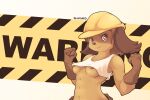  1girl :3 animal_ears animal_nose areola_slip artist_name bare_shoulders breasts brown_eyes brown_gloves brown_hair clenched_hands closed_mouth collarbone commentary construction_worker crop_top dog_ears dog_girl echoseed english_commentary english_text furry furry_female gloves hands_up happy hardhat hazard_stripes helmet looking_at_viewer navel no_bra original shirt short_hair sidelocks signature sleeveless sleeveless_shirt small_breasts smile snout solo standing stomach text_background underboob upper_body white_shirt yellow_background yellow_headwear 