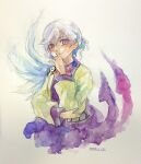  1girl absurdres dated hand_to_own_mouth highres kishin_sagume long_sleeves looking_at_viewer one-hour_drawing_challenge painting_(medium) purple_eyes shiroma_(mamiko) short_hair single_wing touhou traditional_media watercolor_(medium) white_background white_hair wide_sleeves wings 
