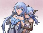  2girls armor artery_gear artery_gear:_fusion black_gloves blue_eyes blue_hair breastplate breasts character_request check_character cleavage closed_mouth elbow_gloves frame_arms_girl gloves hair_between_eyes large_breasts long_hair materia_kuro mecha_musume medium_breasts medium_hair multiple_girls nio_silen no_bra one_eye_closed open_mouth user_tuvs2375 yuri 