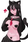  1girl animal_ears bbizim03 black_hair black_skirt blush breasts cat_ears cat_girl cat_tail choker closed_mouth clothes_lift grey_sailor_collar hair_between_eyes heart heart_pasties highres large_breasts lifted_by_self long_hair maebari neckerchief original pasties pleated_skirt red_eyes red_neckerchief sailor_collar school_uniform serafuku simple_background skirt sleeves_past_fingers sleeves_past_wrists solo sweat tail very_long_hair wavy_mouth white_background 