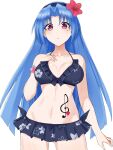  1girl 5pb_(neptune_series) bare_shoulders bikini blue_hair bracelet breasts flower frilled_bikini frills hair_flower hair_ornament hairband highres jewelry long_hair medium_breasts mole mole_under_eye musical_note musical_note_tattoo navel neptune_(series) paid_reward_available pink_eyes simple_background smile solo swimsuit tattoo very_long_hair white_background zatsu 