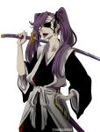  1girl absurdres black_kimono bleach bleach:_the_thousand-year_blood_war collarbone eyepatch headband highres holding holding_sword holding_weapon japanese_clothes katana kimono long_hair looking_at_viewer open_mouth over_shoulder purple_eyes purple_hair rakusakugk saitou_furoufushi sheath shinigami short_sleeves solo sword sword_over_shoulder teeth tongue tongue_out twintails twitter_username upper_teeth_only weapon weapon_over_shoulder white_background white_headband zanpakutou 