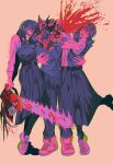 1boy 2girls black_hair blood blood_on_face blood_on_weapon blood_spray bouquet brown_background chainsaw chainsaw_man closed_eyes cross_scar decapitation denji_(chainsaw_man) dress fourth_east_high_school_uniform gakuran highres holding holding_bouquet long_hair looking_at_viewer mitaka_asa multiple_girls open_mouth pinafore_dress red_eyes scar scar_on_cheek scar_on_face school_uniform severed_head sharp_teeth simple_background sleeveless sleeveless_dress smile sugar_grigri teeth weapon yoru_(chainsaw_man) 