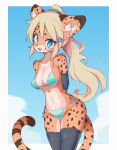  1girl absurdres animal_ear_fluff animal_nose arms_behind_head bikini black_thighhighs blonde_hair blush body_fur breasts chatora_(0-furry-beast-0) cheetah_ears cheetah_girl cheetah_tail cloud detached_sleeves fang furry furry_female head_tilt highres long_hair looking_at_viewer medium_breasts navel open_mouth orange_fur original ponytail sky smile snout solo swimsuit thighhighs v-shaped_eyebrows very_long_hair white_bikini 