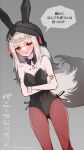  1girl alternate_costume arknights beanie black_bow black_bowtie black_headwear black_leotard blush bow bowtie breasts bunny_day cleavage clothes_writing commentary_request cowboy_shot crossed_arms dutch_angle fox_girl fox_tail frostleaf_(arknights) grey_background grey_hair hat headphones hige_qr implied_extra_ears leotard long_hair looking_at_viewer oripathy_lesion_(arknights) pantyhose partial_commentary playboy_bunny red_eyes red_pantyhose simple_background small_breasts solo speech_bubble strapless strapless_leotard tail translated white_wrist_cuffs 