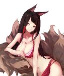  1girl akagi_(azur_lane) animal_ears azur_lane bra breasts brown_hair cleavage closed_mouth fox_ears fox_girl fox_tail highres large_breasts long_hair looking_at_viewer multiple_tails panties red_bra red_eyes red_panties rizzl simple_background solo tail underwear underwear_only very_long_hair white_background 