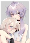  2girls a.i._voice ahoge bare_arms bare_shoulders black_gloves blue_eyes blush commentary criss-cross_halter gloves hair_ornament halterneck hand_on_another&#039;s_chin highres ia_(vocaloid) long_hair looking_at_another multiple_girls one_eye_closed purple_eyes purple_hair shirt sideways_glance simple_background single_glove sleeveless sleeveless_shirt upper_body vocaloid voiceroid white_shirt yuri yuzuki_yukari yuzuki_yukari_(nagi) zooanime 