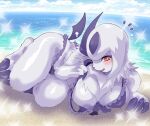  absol aisaredogtoneko anthro areola big_breasts bikini blush breasts canid claws clothing female fur generation_3_pokemon hair mammal nintendo pokemon pokemon_(species) red_eyes seaside solo swimwear water white_body white_fur 