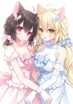  2girls :d ahoge animal_ears bare_shoulders black_hair blonde_hair blue_bow blush bow braid breasts butterfly_hair_ornament cleavage closed_mouth commission dress fang fang_out flower hair_between_eyes hair_bow hair_flower hair_ornament highres long_hair looking_at_viewer medium_breasts multiple_girls original pink_bow pink_dress pink_flower pink_rose pixiv_commission puffy_short_sleeves puffy_sleeves red_eyes rose sacraneco short_sleeves simple_background sleeveless sleeveless_dress smile very_long_hair white_background white_dress white_flower white_rose yellow_eyes 