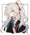  1boy closed_mouth cropped_torso grey_hair hair_between_eyes hair_over_one_eye hair_ribbon highres honkai:_star_rail honkai_(series) jing_yuan long_hair looking_at_viewer male_focus mole mole_under_eye orange_eyes red_ribbon ribbon simple_background solo tassel upper_body very_long_hair white_background yui_(linaw-key08) 