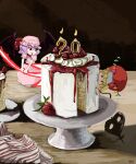  2girls absurdres bat_wings birthday_cake biting black_eyes blonde_hair brown_background cake cake_stand candle chibi cloth commentary crystal danlamdae dress fang flandre_scarlet flying food frilled_sleeves frills fruit hat hat_ribbon highres laevatein_(touhou) mob_cap multiple_girls open_mouth pink_dress plate puffy_short_sleeves puffy_sleeves purple_hair red_ribbon red_skirt remilia_scarlet ribbon sharp_teeth short_hair short_sleeves skirt smile spear_the_gungnir strawberry table teeth touhou white_headwear wings wooden_table 