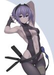  1girl absurdres armpits arms_up bare_shoulders black_gloves black_hairband black_leotard black_pants breasts center_opening dark-skinned_female dark_skin fate/grand_order fate/prototype fate/prototype:_fragments_of_blue_and_silver fate_(series) fingerless_gloves gloves hairband hassan_of_serenity_(fate) highres leotard looking_at_viewer medium_breasts navel pants purple_eyes purple_hair revision short_hair sidelocks solo thigh_gap tight_clothes tight_pants yamachi_(xadp7533) 