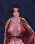  1girl absurdres artigor black_hair boa_hancock breasts cleavage cleavage_cutout clothing_cutout cropped_shirt highres large_breasts long_hair looking_at_viewer narrow_waist non-web_source one_piece purple_eyes 