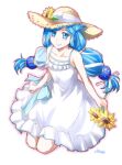  1girl blue_eyes dana_(ys) dress flower hair_over_one_eye hat hat_flower holding holding_flower low_twintails parted_bangs signature simple_background smile solo sun_hat sundress sunflower twintails white_background xiacheng_tatsuya ys ys_viii_lacrimosa_of_dana 