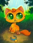  ambiguous_gender collar detailed_background domestic_cat felid feline felis feral firestar_(warriors) fur grass green_eyes hasbro head_tuft hi_res littlest_pet_shop mammal monieteas orange_body orange_fur outside pawpads paws plant prick_ears sitting smile solo style_parody tuft warriors_(cats) 