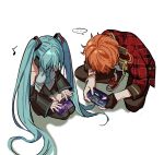  1boy 1girl aqua_necktie betti_(xx_betti) black_gloves black_pants black_sleeves cellphone character_request detached_sleeves ensemble_stars! fingerless_gloves gloves grey_shirt hatsune_miku headphones headset highres long_hair necktie pants phone playing_games project_sekai shinonome_akito shirt simple_background thighhighs twintails very_long_hair vocaloid white_background 