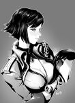 1girl aloner arena_of_valor armor artist_name black_gloves black_hair blunt_bangs blush bob_cut bodysuit breasts choker cleavage cleavage_cutout closed_eyes closed_mouth clothing_cutout collarbone covered_nipples dated dress earrings elbow_gloves eyelashes fingerless_gloves from_side glasses gloves gradient_background grey_background greyscale hair_between_eyes hair_ornament hair_over_one_eye half-closed_eyes hand_up head_tilt heart high_collar holding huge_breasts jacket jewelry large_breasts lips lipstick long_hair long_sleeves looking_at_viewer looking_to_the_side makeup medium_breasts medium_hair military military_uniform mole mole_under_mouth monochrome nose open_clothes open_jacket open_mouth parted_lips pilot_suit profile shirt short_hair sidelocks signature simple_background sketch skin_tight smile solo spot_color standing sweat sweatdrop swept_bangs tongue tongue_out turtleneck uniform upper_body violet_(arena_of_valor) weapon zipper 