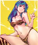  1girl animal_print bikini blue_eyes blue_hair breasts cleavage electricity horns kamisimo_90 long_hair looking_at_viewer lum medium_breasts navel oni_horns pointy_ears print_bikini sitting solo strapless strapless_bikini swimsuit tiger_print urusei_yatsura yellow_background yellow_bikini 