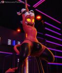  2023 3d_(artwork) bulge clothing demon digital_media_(artwork) feversfm hair helluva_boss hi_res horn imp legwear male moxxie_(helluva_boss) moxxie_(valorlynz) not_furry pole solo stripper_pole tail text url white_hair yellow_sclera 