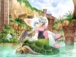  1girl bat_wings blue_sky boots chao_(sonic) cloud dated finik gem gloves grass green_gemstone highres holding holding_gem leaf outdoors rouge_the_bat signature sitting sky sonic_(series) turtle water white_gloves wings 