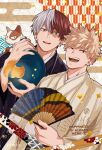  2boys animal bakugou_katsuki black_jacket black_kimono blonde_hair boku_no_hero_academia burn_scar cat commentary_request confetti egasumi english_commentary english_text folding_fan hair_between_eyes hand_fan hand_up haori haori_himo highres holding holding_animal holding_cat holding_fan jacket japanese_clothes kimono long_sleeves looking_at_viewer male_focus mixed-language_commentary multicolored_background multicolored_hair multiple_boys open_clothes open_jacket open_mouth red_eyes red_hair salt_-_siomsb sayagata scar scar_on_face seigaiha short_hair smile spiked_hair split-color_hair teeth todoroki_shouto tongue two-tone_hair upper_teeth_only v-shaped_eyebrows white_hair wide_sleeves yagasuri yellow_jacket yellow_kimono 