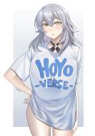  1girl aori_sora blush clothes_writing commentary cowboy_shot english_commentary grey_hair hair_between_eyes hand_on_own_hip highres honkai:_star_rail honkai_(series) long_hair looking_at_viewer parted_lips see-through shirt short_sleeves solo standing stelle_(honkai:_star_rail) thighs trailblazer_(honkai:_star_rail) white_shirt yellow_eyes 