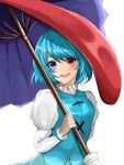  1girl 2dio9gwjal28761 blue_eyes blue_hair blue_vest commentary heterochromia juliet_sleeves karakasa_obake long_sleeves looking_at_viewer puffy_sleeves purple_umbrella red_eyes shirt short_hair simple_background smile solo tatara_kogasa tongue touhou umbrella upper_body vest white_background white_shirt 