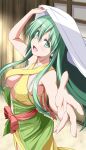  1girl :d arm_up bare_arms bare_shoulders breasts commentary_request commission foreshortening green_eyes green_hair hair_between_eyes highres himetsuru_ichimonji_(tenka_hyakken) long_hair looking_at_viewer medium_breasts nori_tamago open_mouth outstretched_arm sash skeb_commission smile solo tenka_hyakken 