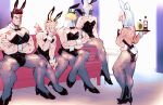  1girl 4boys alternate_costume animal_ears ass best_jeanist black_leotard blonde_hair blue_eyes boku_no_hero_academia bulge bunny_day couch crossdressing detached_collar edgeshot endeavor_(boku_no_hero_academia) facial_hair fake_animal_ears feathered_wings feathers from_behind hair_over_one_eye hawks_(boku_no_hero_academia) high_collar large_pectorals leotard long_sideburns male_playboy_bunny mature_male mirko multiple_boys muscular muscular_female muscular_male on_couch pantyhose pectoral_cleavage pectorals playboy_bunny rabbit_ears rabbit_tail red_feathers red_hair scar scar_across_eye scar_on_face scar_on_mouth short_hair sideburns sitting skin_tight spiked_hair spread_legs stubble tail thick_eyebrows thick_thighs thighs toned toned_male wing_collar wings wrist_cuffs yamcat 